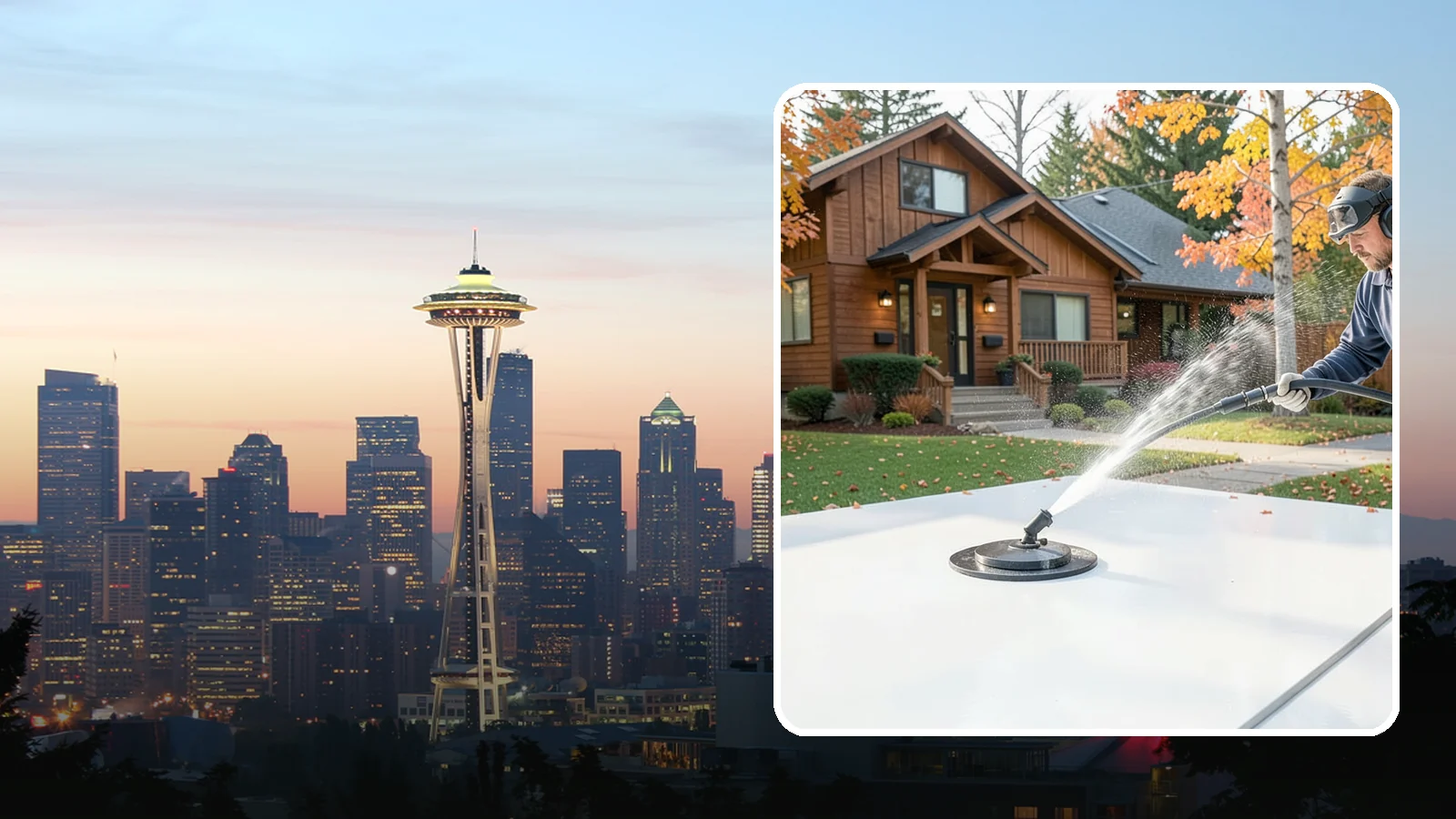 Surface Cleaning in Seattle, King County, WA - Surface cleaning uses a rotating flat-surface tool to wash large horizontal areas evenly and without the streaking a wand leaves.