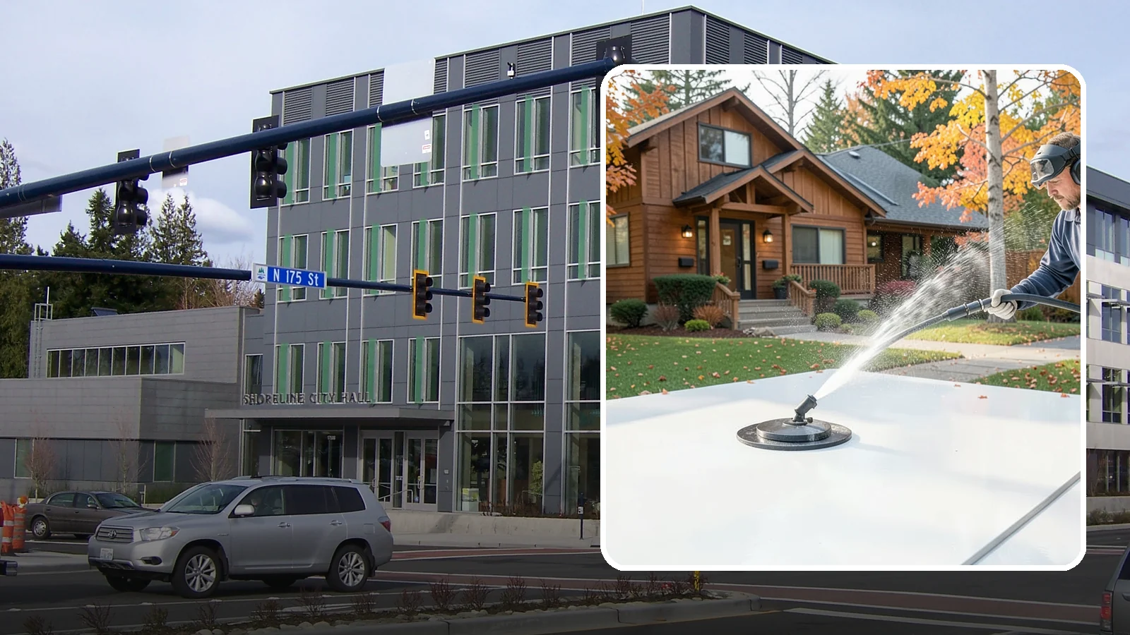 Surface Cleaning in Shoreline, King County, WA - Surface cleaning uses a rotating flat-surface tool to wash large horizontal areas evenly and without the streaking a wand leaves.