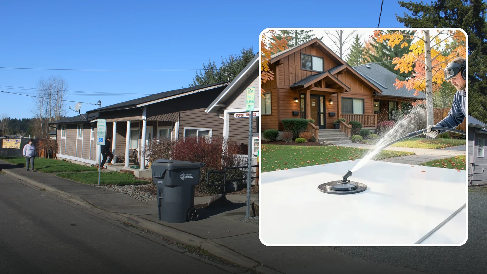 Surface Cleaning in South Prairie, Pierce County, WA - Surface cleaning uses a rotating flat-surface tool to wash large horizontal areas evenly and without the streaking a wand leaves.