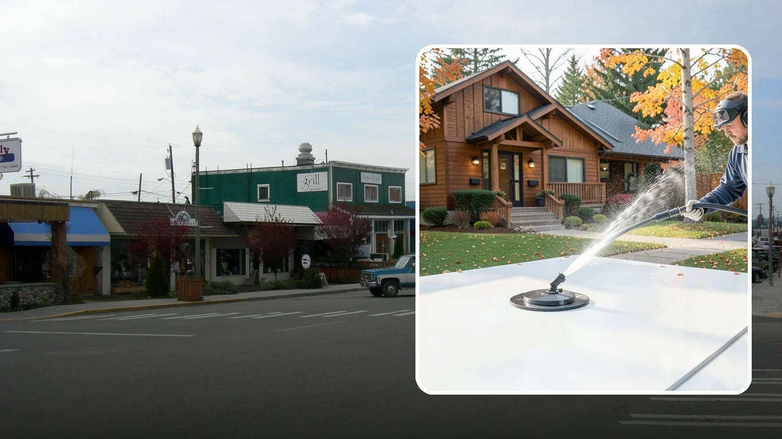 Surface Cleaning in Stanwood, Snohomish County, WA - Surface cleaning uses a rotating flat-surface tool to wash large horizontal areas evenly and without the streaking a wand leaves.