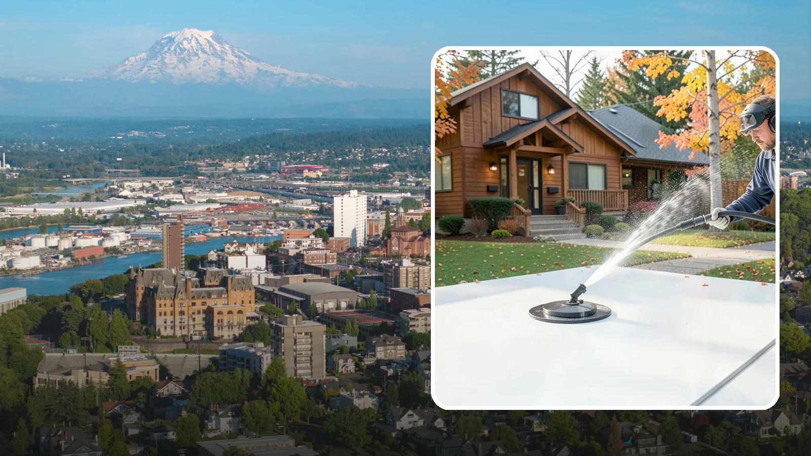Surface Cleaning in Tacoma, Pierce County, WA - Surface cleaning uses a rotating flat-surface tool to wash large horizontal areas evenly and without the streaking a wand leaves.