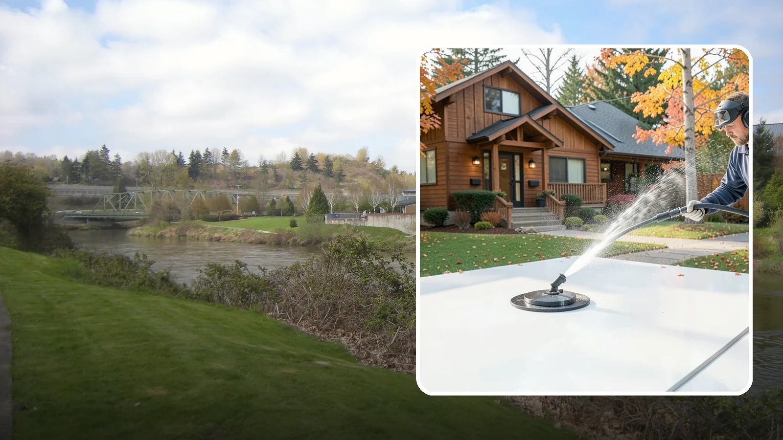 Surface Cleaning in Tukwila, King County, WA - Surface cleaning uses a rotating flat-surface tool to wash large horizontal areas evenly and without the streaking a wand leaves.