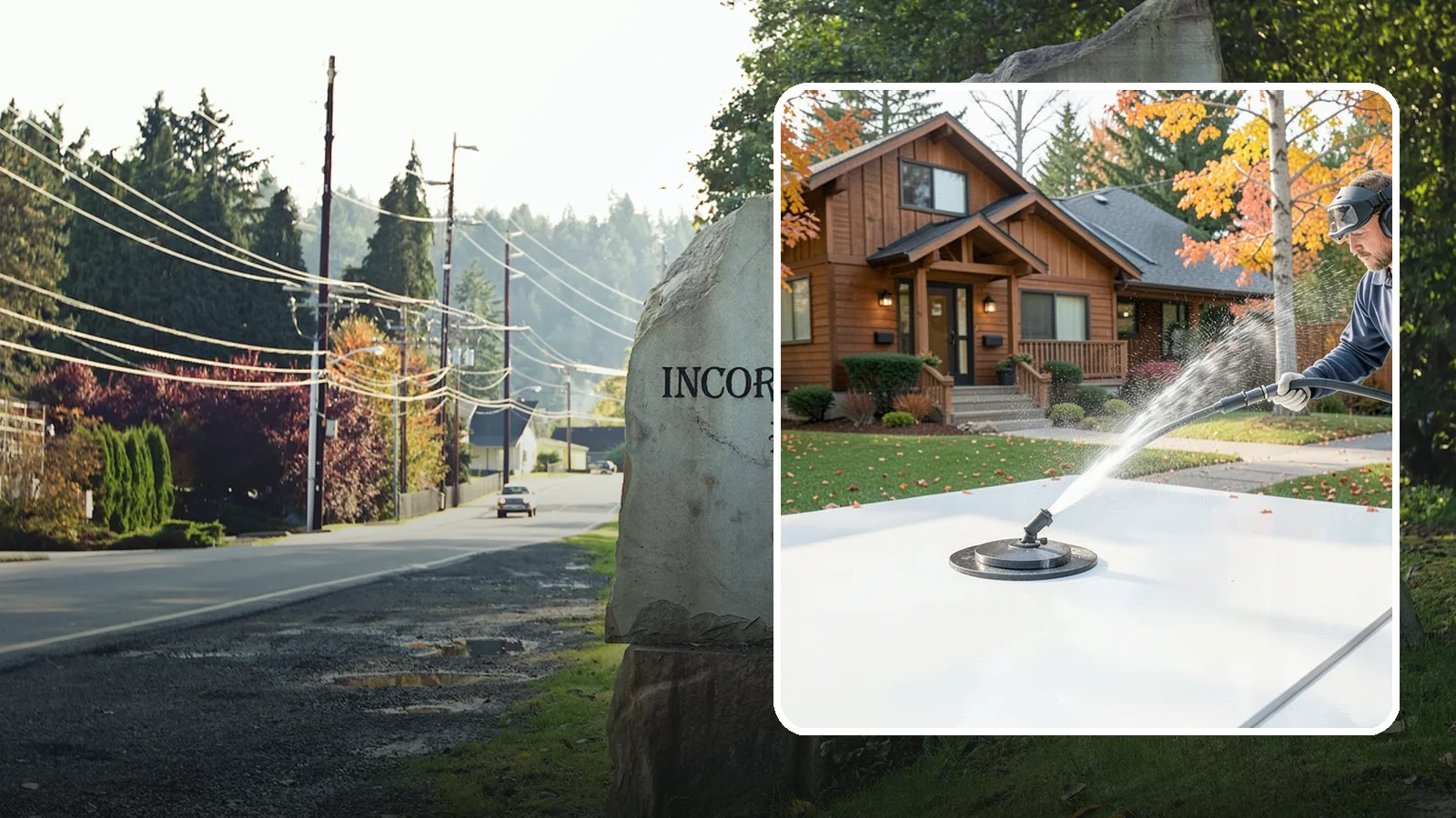 Surface Cleaning in Wilkeson, Pierce County, WA - Surface cleaning uses a rotating flat-surface tool to wash large horizontal areas evenly and without the streaking a wand leaves.