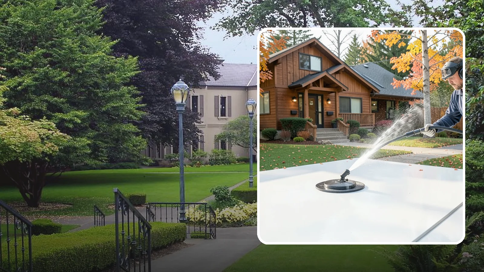 Surface Cleaning in Woodinville, King County, WA - Surface cleaning uses a rotating flat-surface tool to wash large horizontal areas evenly and without the streaking a wand leaves.