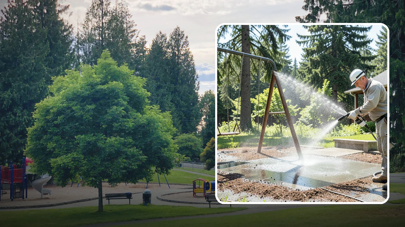 Swing Set Washing in Bonney Lake, Pierce County, WA - Wash metal and wood swing sets to clear the mildew, rust film, and grime that build up outdoors.
