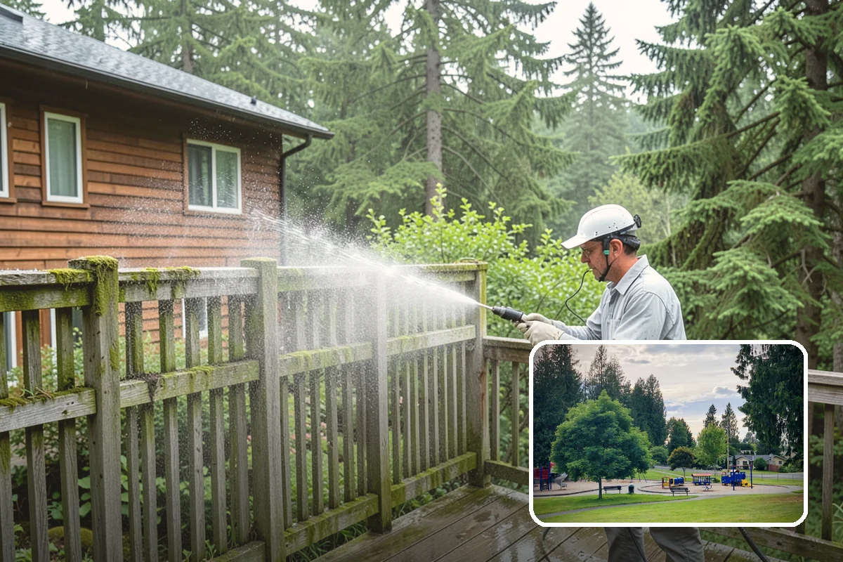 Swing Set Washing in Bonney Lake, Pierce County, WA - Clears mildew from wood frames and grime from metal