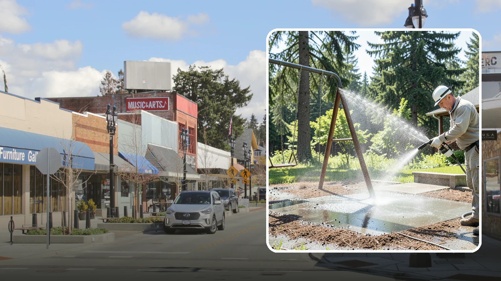 Swing Set Washing in Bothell, King County, WA - Wash metal and wood swing sets to clear the mildew, rust film, and grime that build up outdoors.