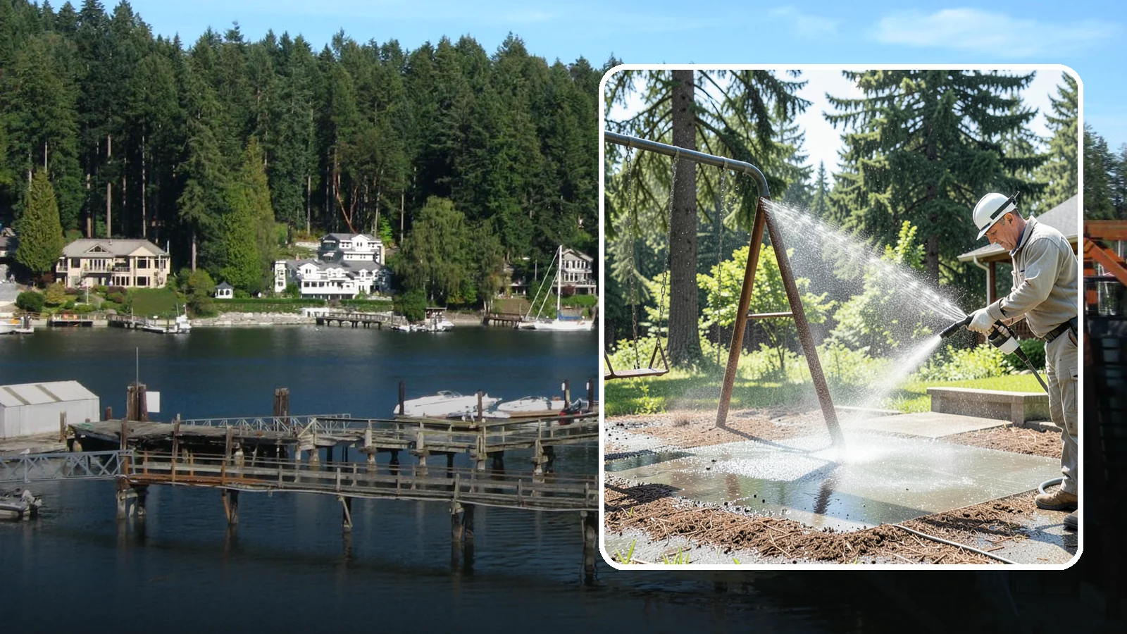 Swing Set Washing in Gig Harbor, Pierce County, WA - Wash metal and wood swing sets to clear the mildew, rust film, and grime that build up outdoors.
