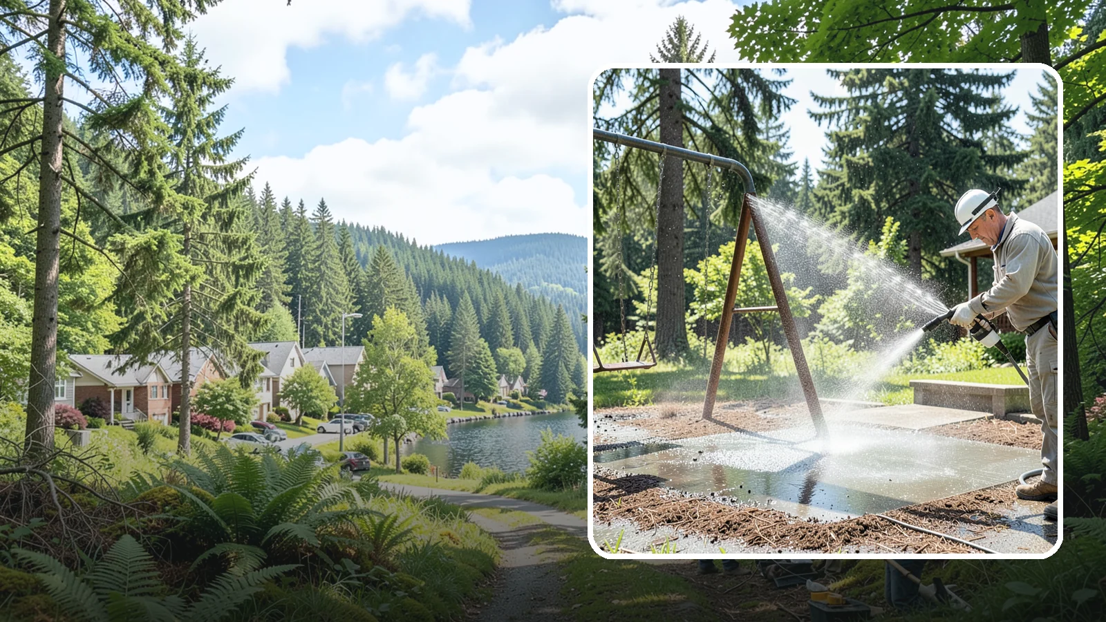 Swing Set Washing in Lake Forest Park, King County, WA - Wash metal and wood swing sets to clear the mildew, rust film, and grime that build up outdoors.