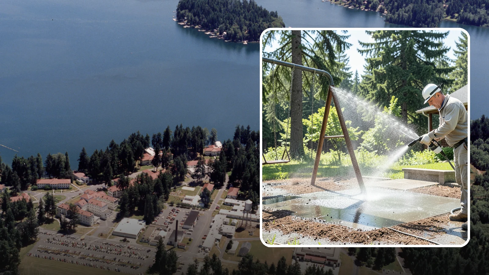 Swing Set Washing in Lakewood, Pierce County, WA - Wash metal and wood swing sets to clear the mildew, rust film, and grime that build up outdoors.
