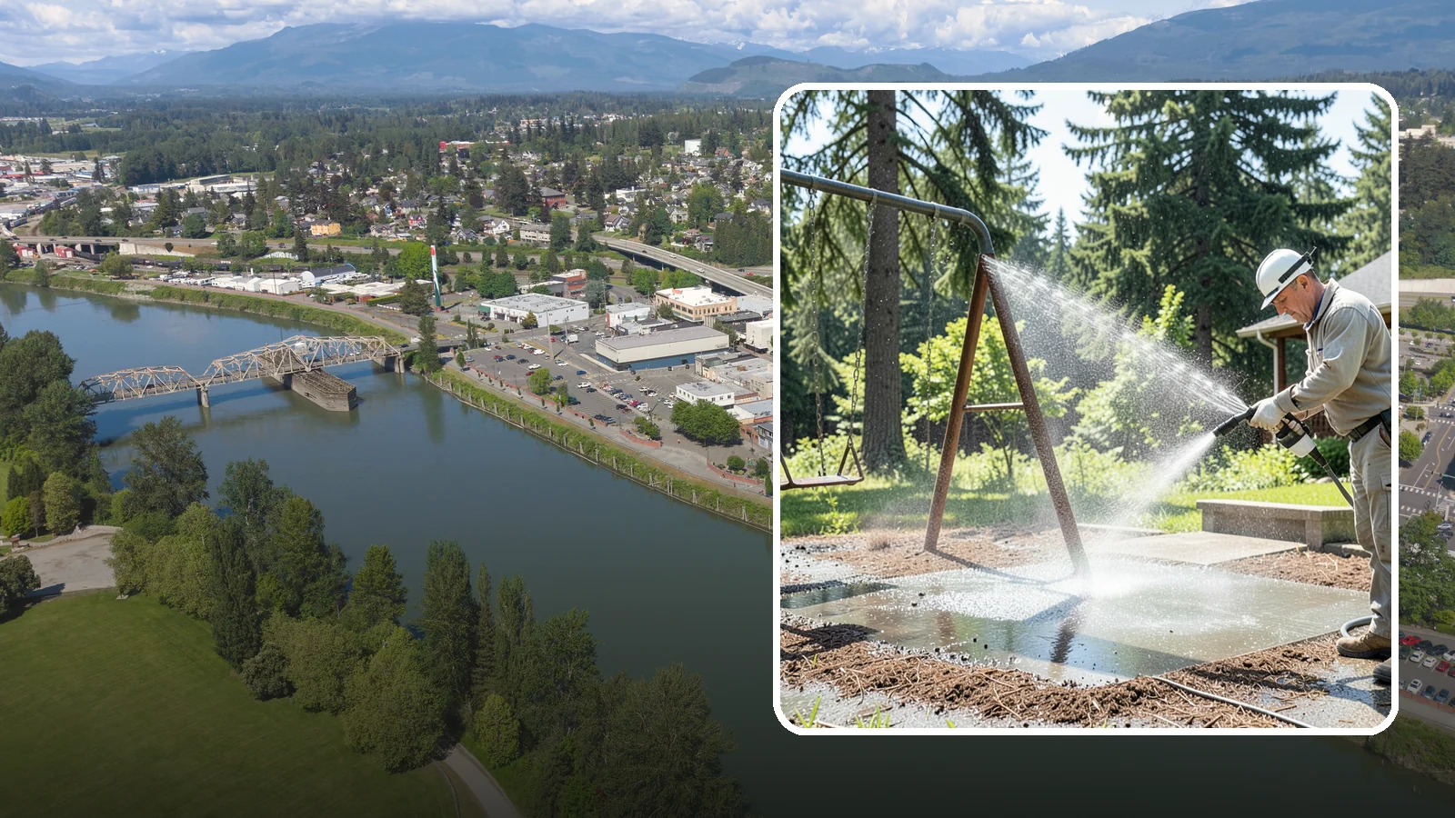 Swing Set Washing in Mount Vernon, Skagit County, WA - Wash metal and wood swing sets to clear the mildew, rust film, and grime that build up outdoors.