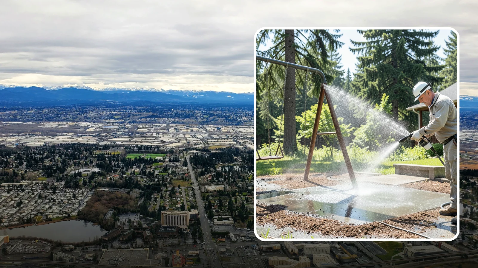 Swing Set Washing in SeaTac, King County, WA - Wash metal and wood swing sets to clear the mildew, rust film, and grime that build up outdoors.