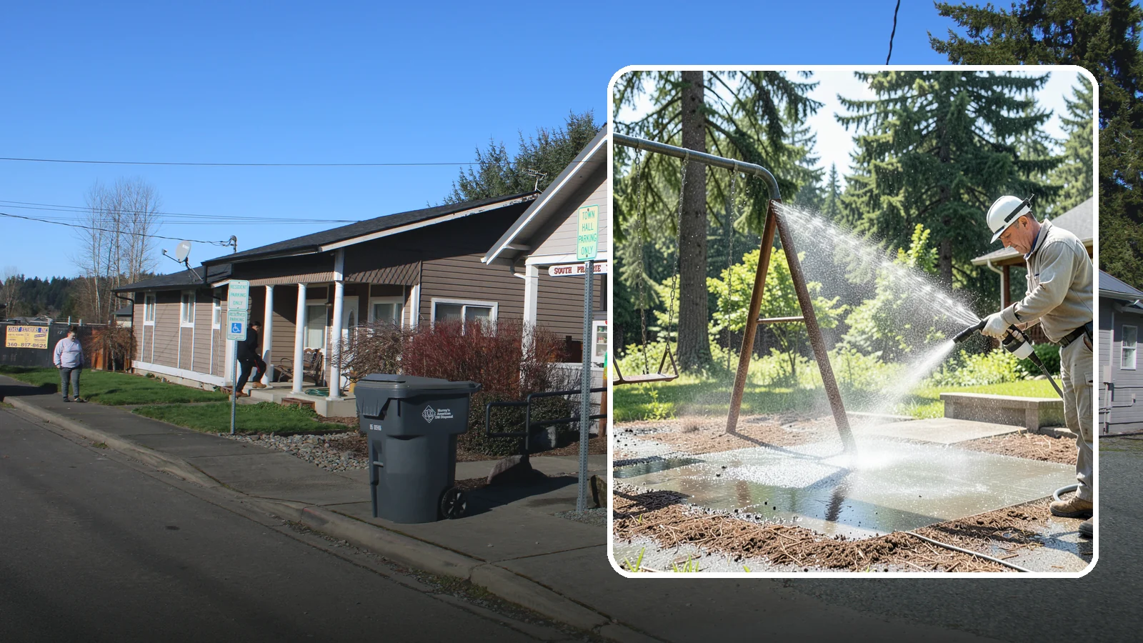 Swing Set Washing in South Prairie, Pierce County, WA - Wash metal and wood swing sets to clear the mildew, rust film, and grime that build up outdoors.