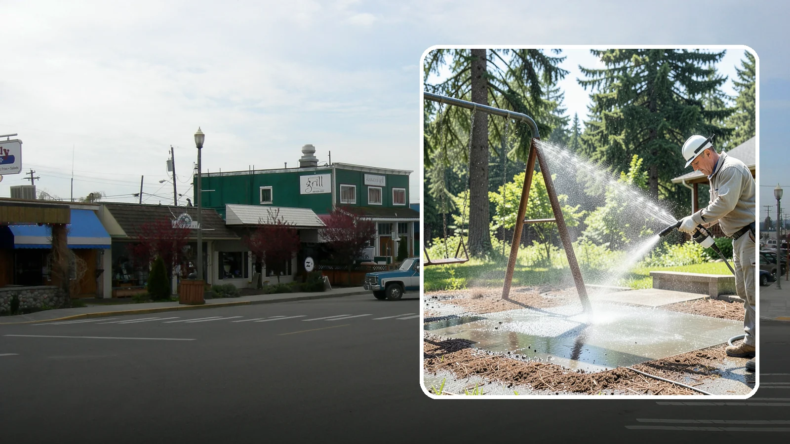 Swing Set Washing in Stanwood, Snohomish County, WA - Wash metal and wood swing sets to clear the mildew, rust film, and grime that build up outdoors.