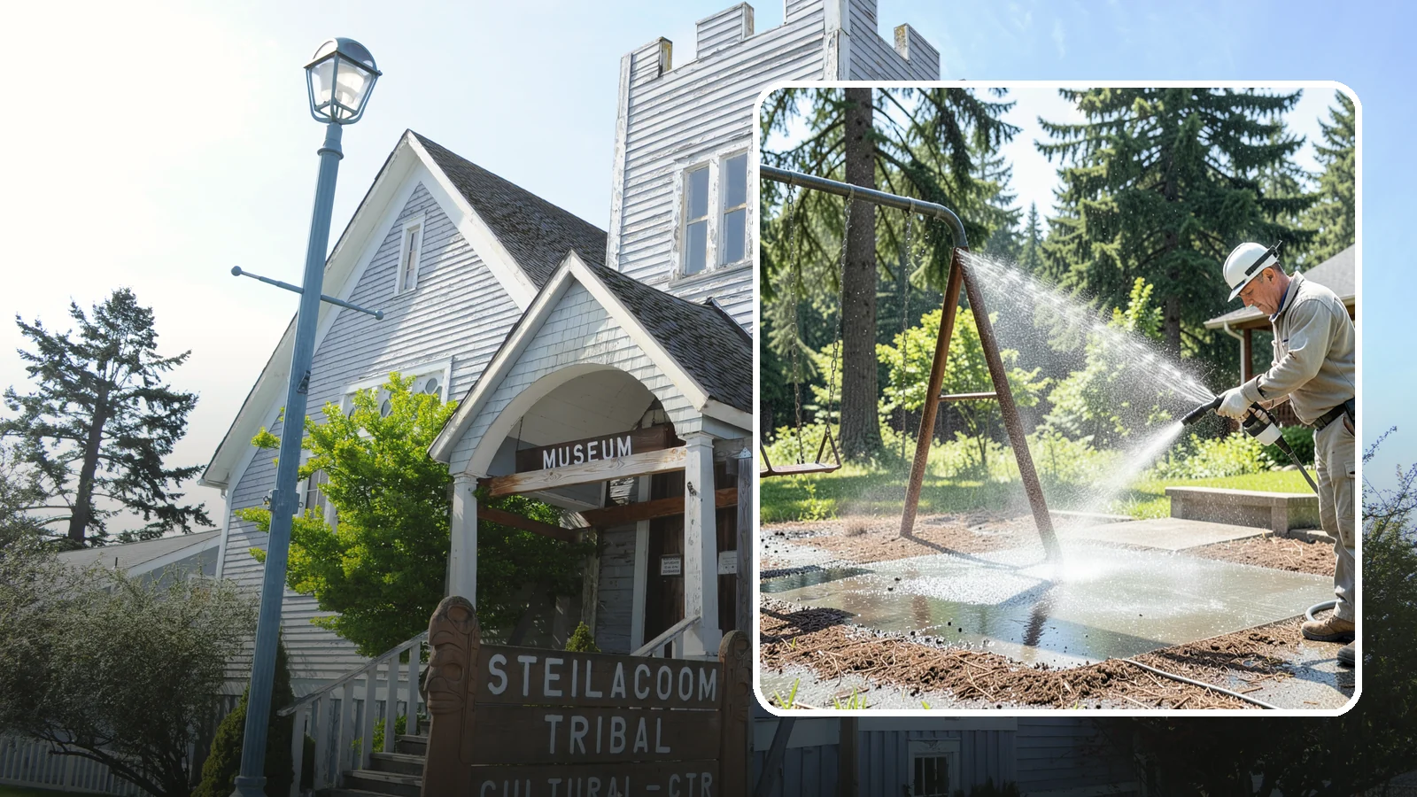 Swing Set Washing in Steilacoom, Pierce County, WA - Wash metal and wood swing sets to clear the mildew, rust film, and grime that build up outdoors.
