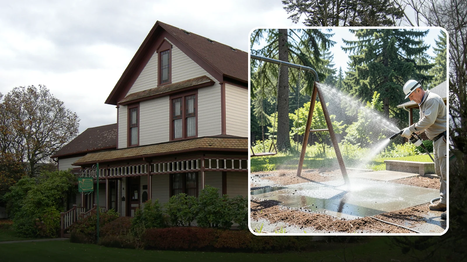 Swing Set Washing in Sumner, Pierce County, WA - Wash metal and wood swing sets to clear the mildew, rust film, and grime that build up outdoors.