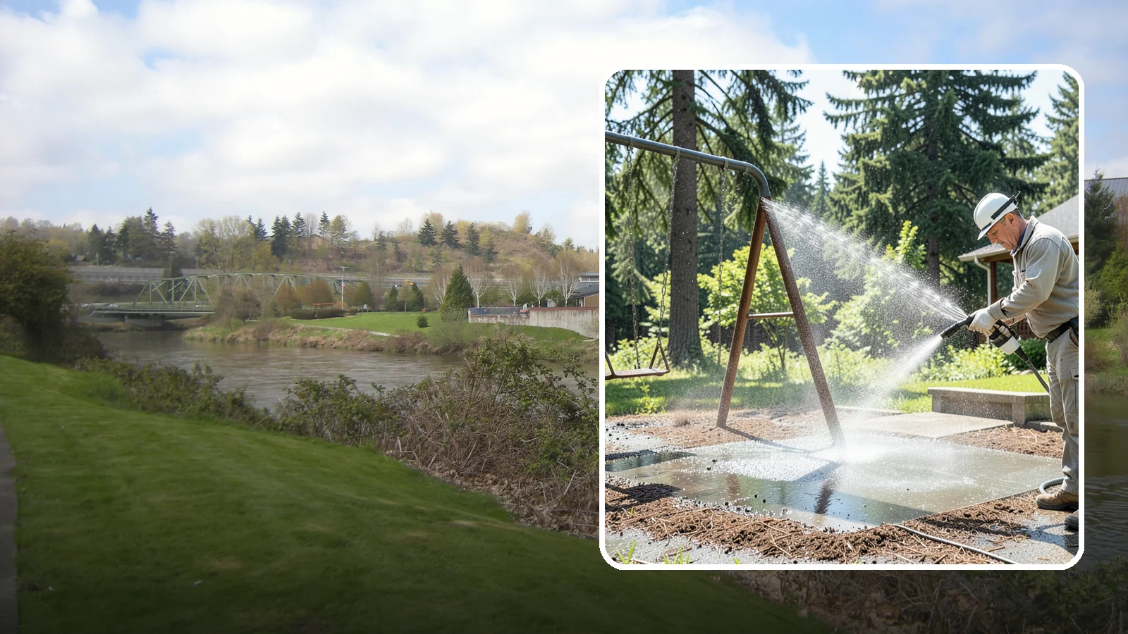 Swing Set Washing in Tukwila, King County, WA - Wash metal and wood swing sets to clear the mildew, rust film, and grime that build up outdoors.