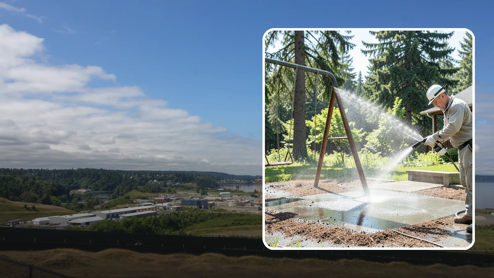 Swing Set Washing in University Place, Pierce County, WA - Wash metal and wood swing sets to clear the mildew, rust film, and grime that build up outdoors.
