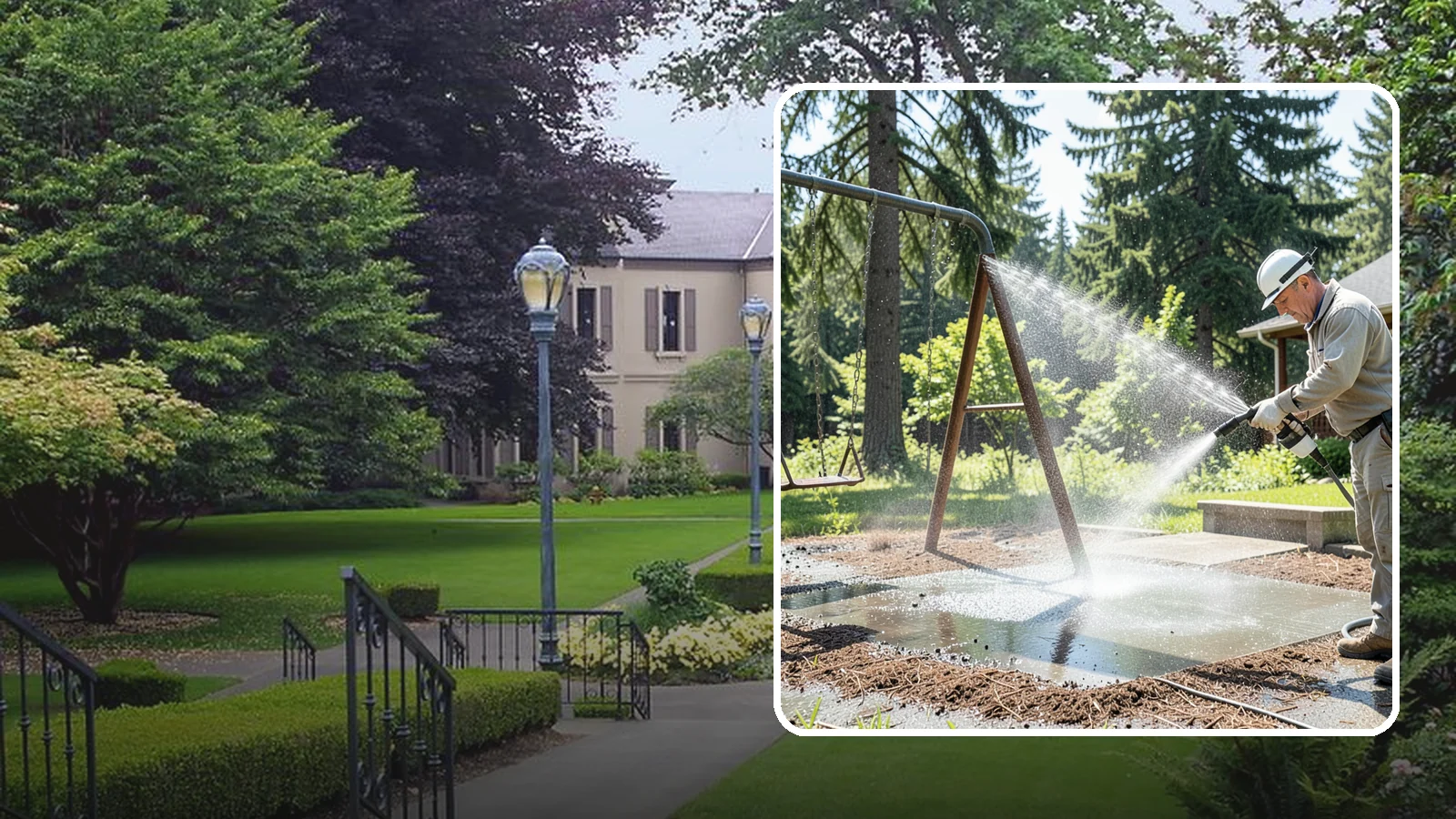 Swing Set Washing in Woodinville, King County, WA - Wash metal and wood swing sets to clear the mildew, rust film, and grime that build up outdoors.