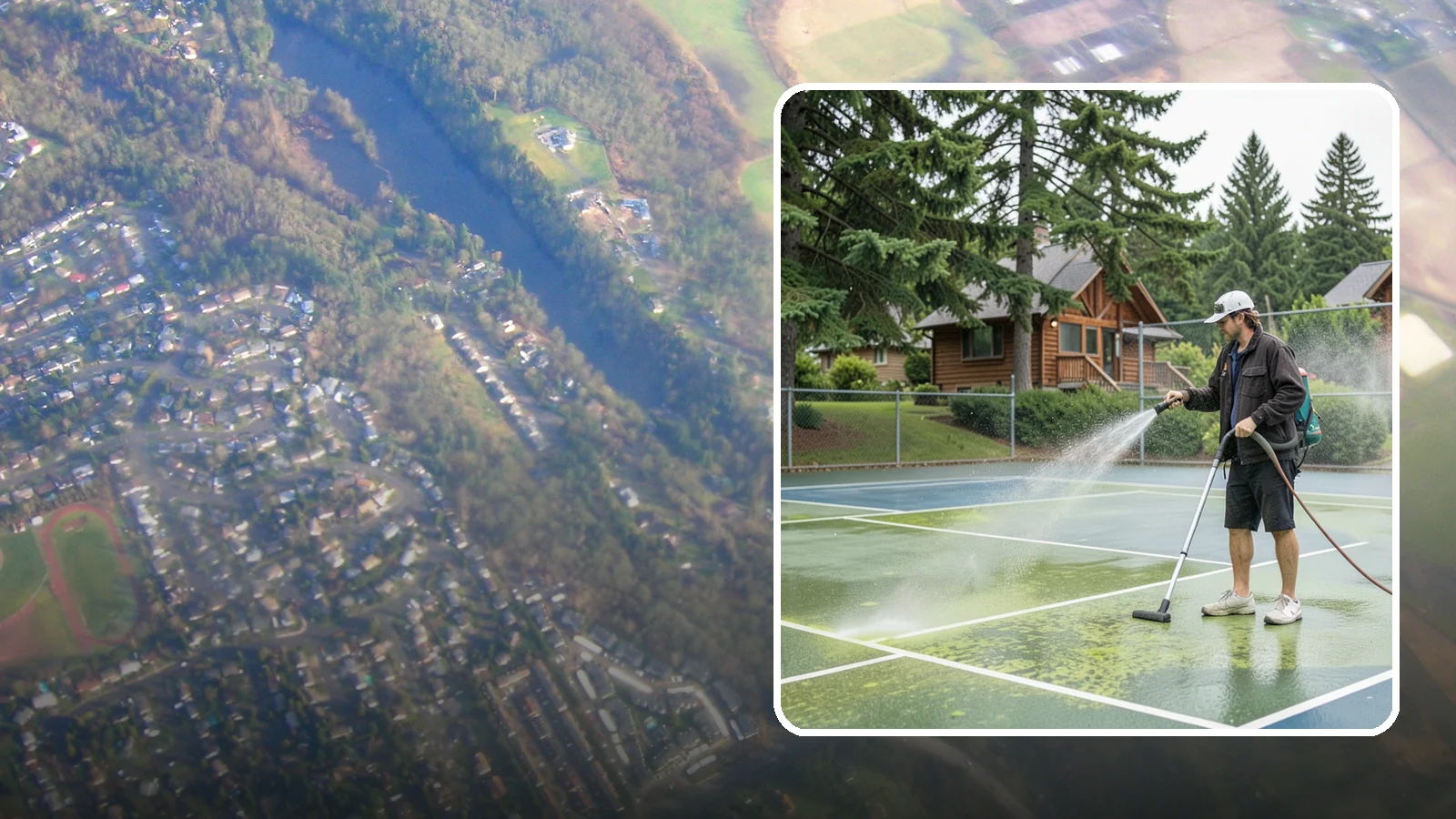 Tennis Court Cleaning in Algona, King County, WA - We clean tennis court surfaces to remove the algae film and organic staining that slow play and hide the lines in our damp...