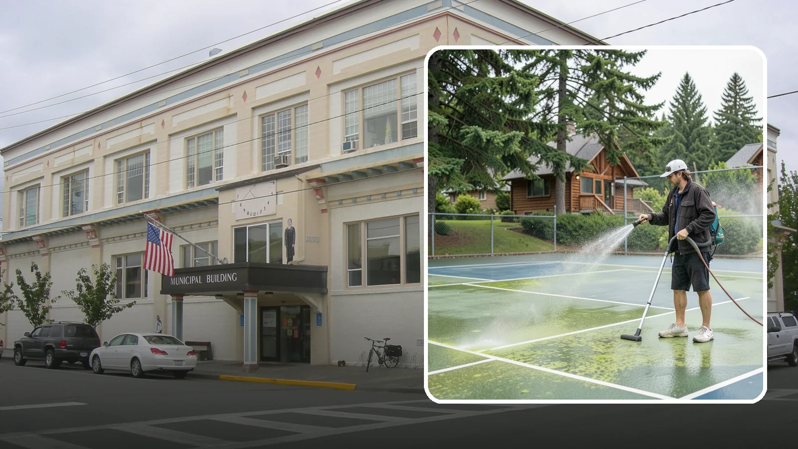 Tennis Court Cleaning in Anacortes, Skagit County, WA - We clean tennis court surfaces to remove the algae film and organic staining that slow play and hide the lines in our damp...
