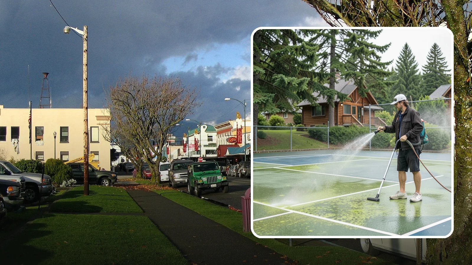 Tennis Court Cleaning in Arlington, Snohomish County, WA - We clean tennis court surfaces to remove the algae film and organic staining that slow play and hide the lines in our damp...