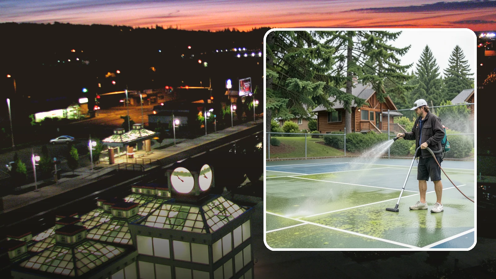 Tennis Court Cleaning in Auburn, King County, WA - We clean tennis court surfaces to remove the algae film and organic staining that slow play and hide the lines in our damp...