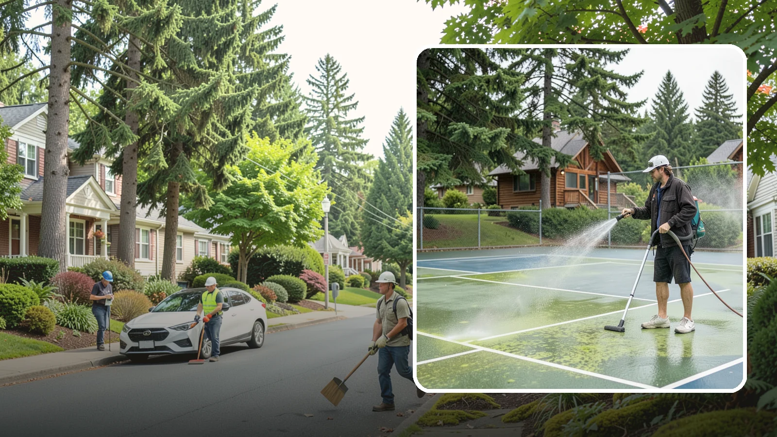 Tennis Court Cleaning in Beaux Arts Village, King County, WA - We clean tennis court surfaces to remove the algae film and organic staining that slow play and hide the lines in our damp...