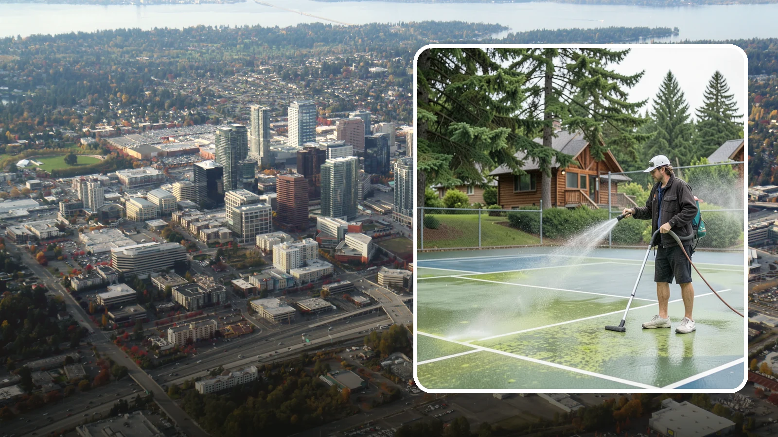 Tennis Court Cleaning in Bellevue, King County, WA - We clean tennis court surfaces to remove the algae film and organic staining that slow play and hide the lines in our damp...