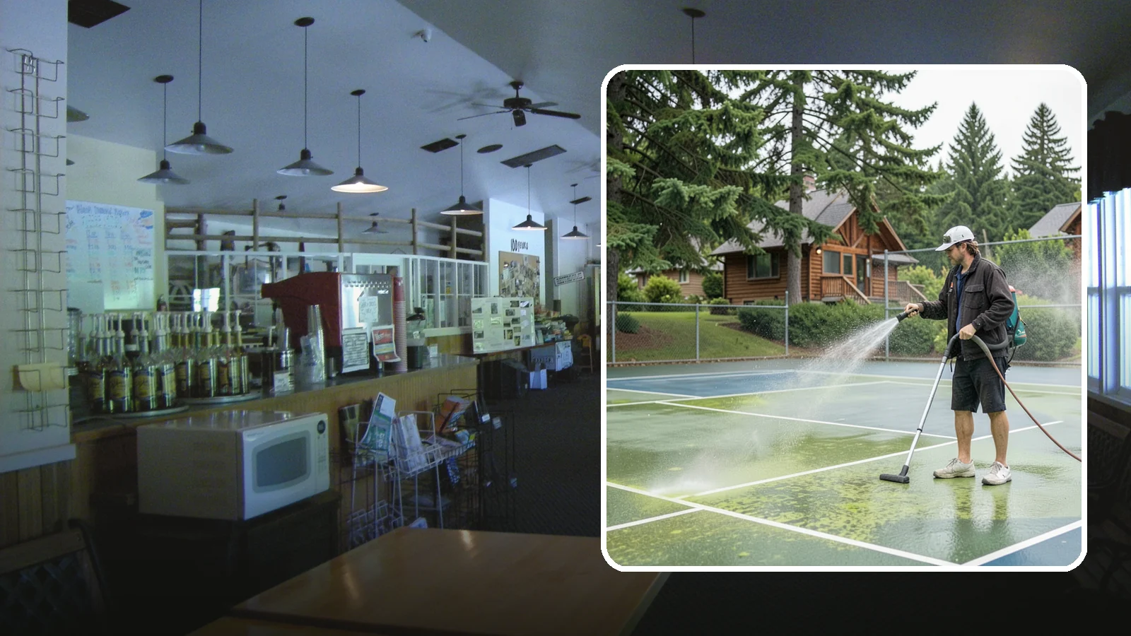 Tennis Court Cleaning in Black Diamond, King County, WA - We clean tennis court surfaces to remove the algae film and organic staining that slow play and hide the lines in our damp...