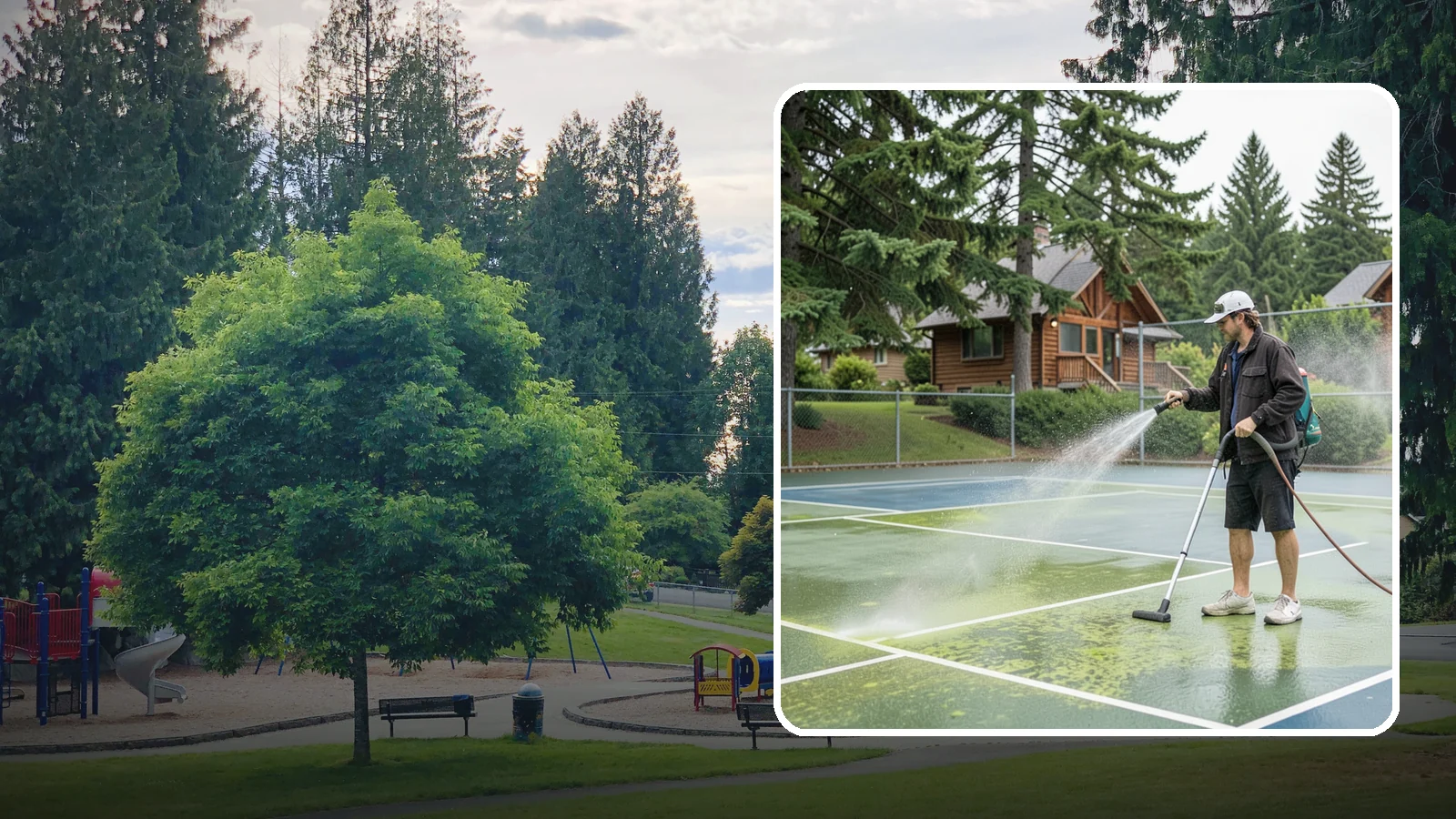 Tennis Court Cleaning in Bonney Lake, Pierce County, WA - We clean tennis court surfaces to remove the algae film and organic staining that slow play and hide the lines in our damp...