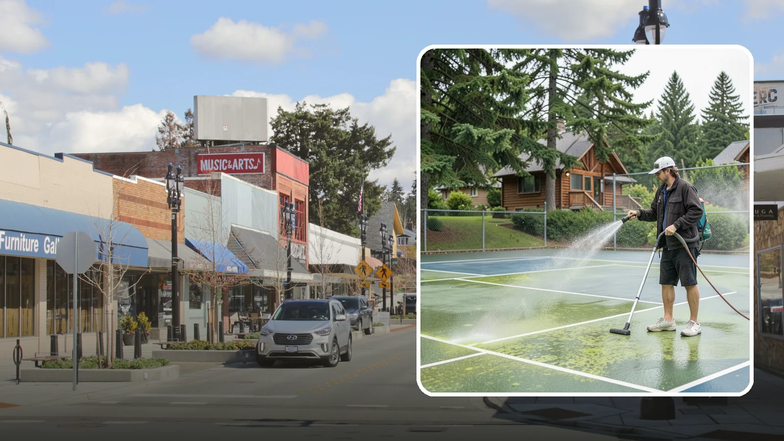 Tennis Court Cleaning in Bothell, King County, WA - We clean tennis court surfaces to remove the algae film and organic staining that slow play and hide the lines in our damp...