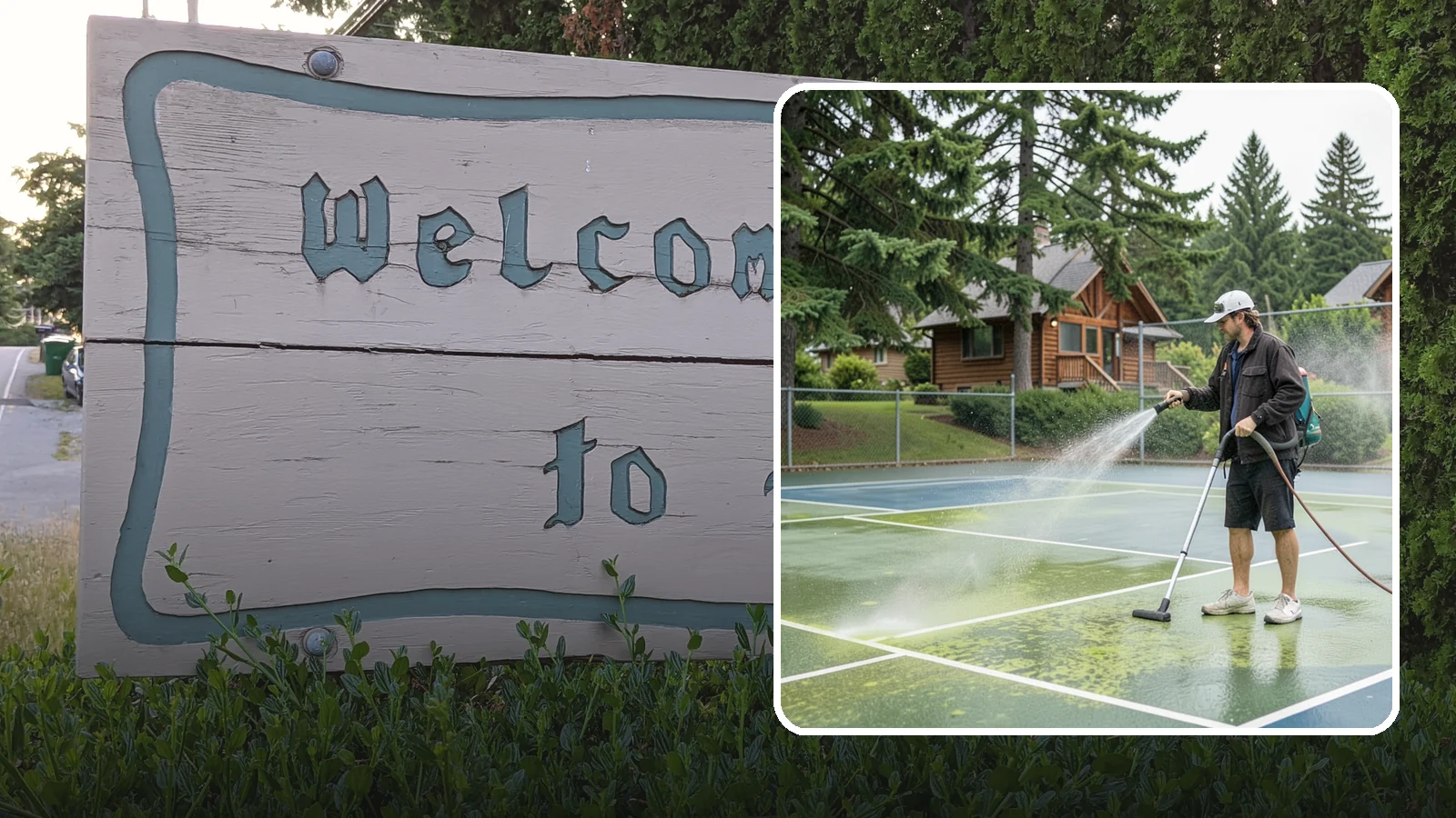 Tennis Court Cleaning in Brier, Snohomish County, WA - We clean tennis court surfaces to remove the algae film and organic staining that slow play and hide the lines in our damp...