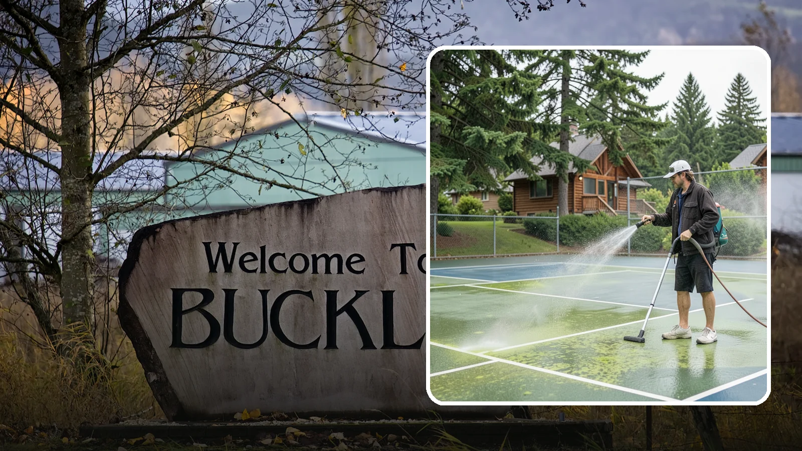 Tennis Court Cleaning in Buckley, Pierce County, WA - We clean tennis court surfaces to remove the algae film and organic staining that slow play and hide the lines in our damp...