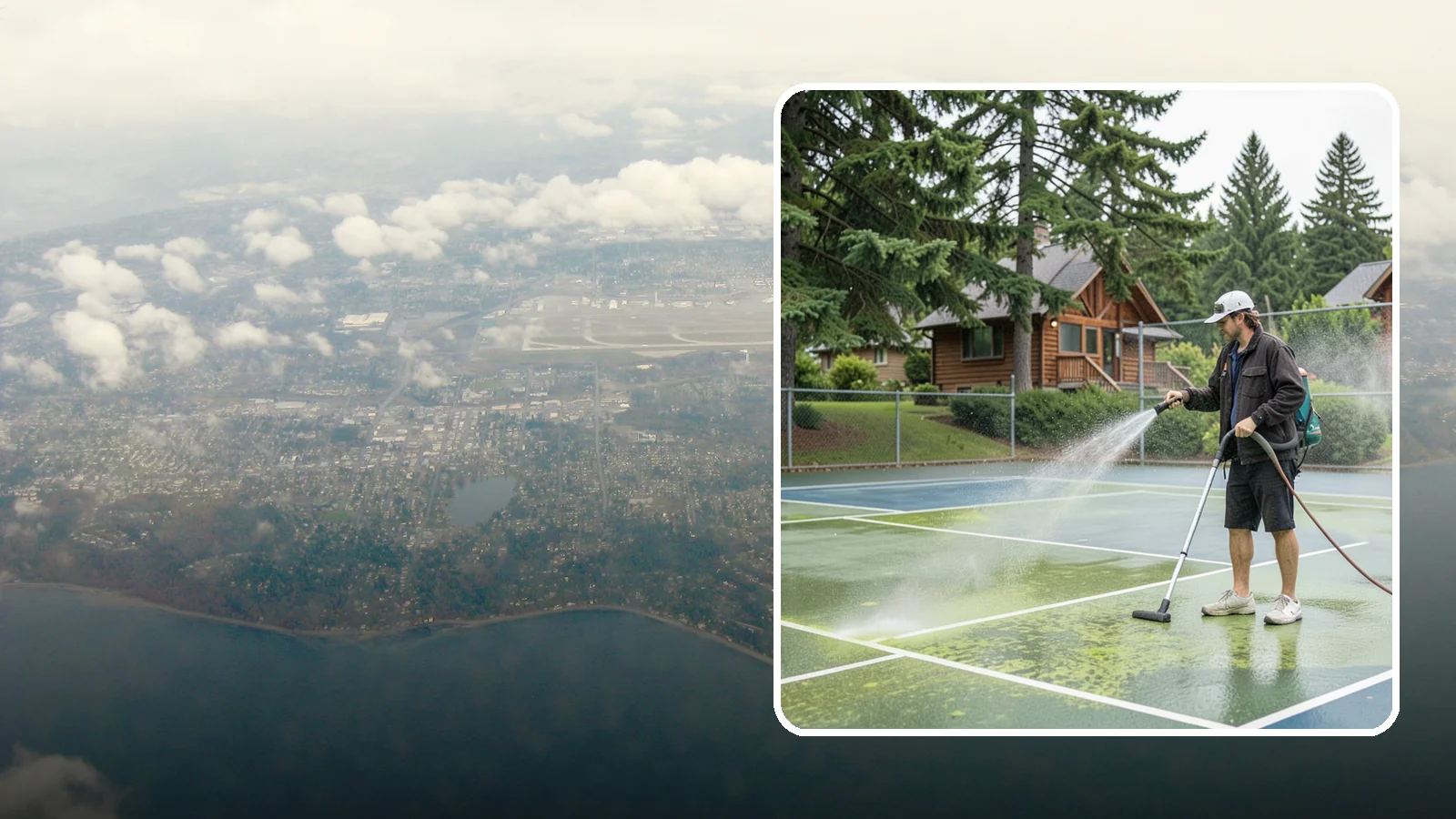 Tennis Court Cleaning in Burien, King County, WA - We clean tennis court surfaces to remove the algae film and organic staining that slow play and hide the lines in our damp...