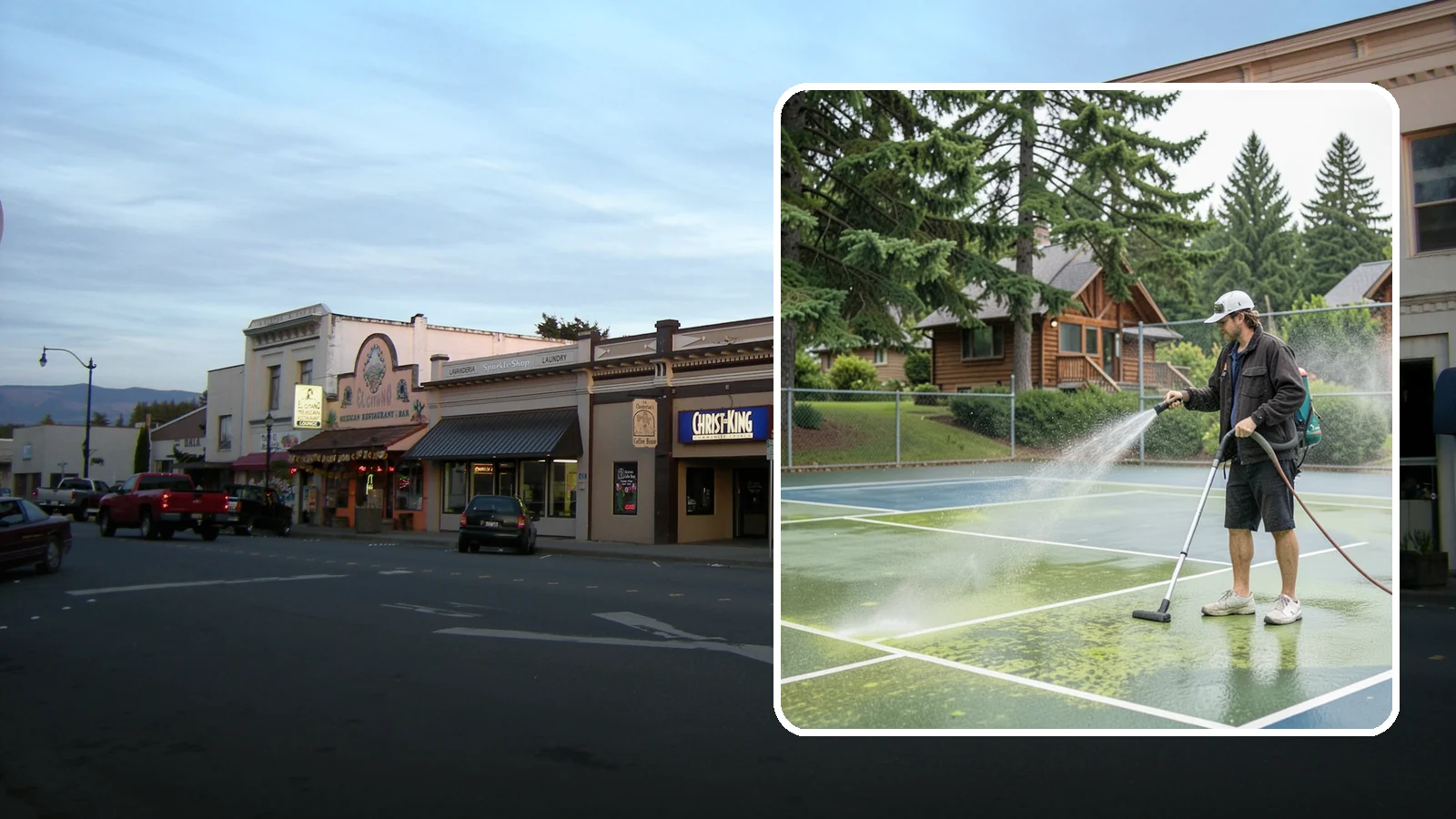 Tennis Court Cleaning in Burlington, Skagit County, WA - We clean tennis court surfaces to remove the algae film and organic staining that slow play and hide the lines in our damp...