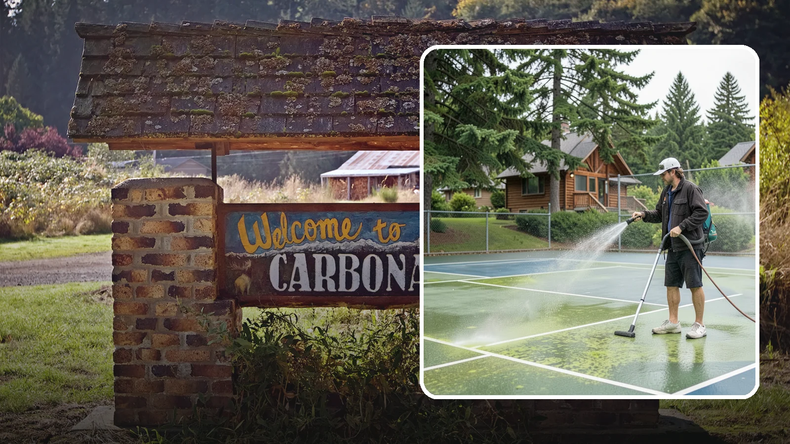 Tennis Court Cleaning in Carbonado, Pierce County, WA - We clean tennis court surfaces to remove the algae film and organic staining that slow play and hide the lines in our damp...