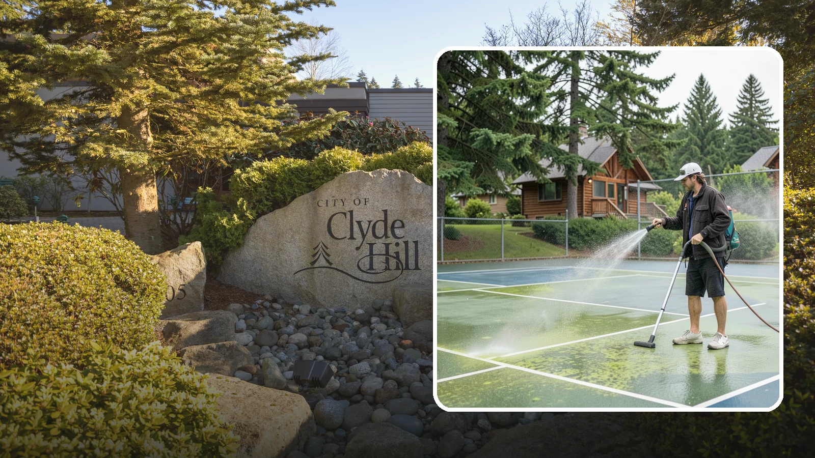 Tennis Court Cleaning in Clyde Hill, King County, WA - We clean tennis court surfaces to remove the algae film and organic staining that slow play and hide the lines in our damp...