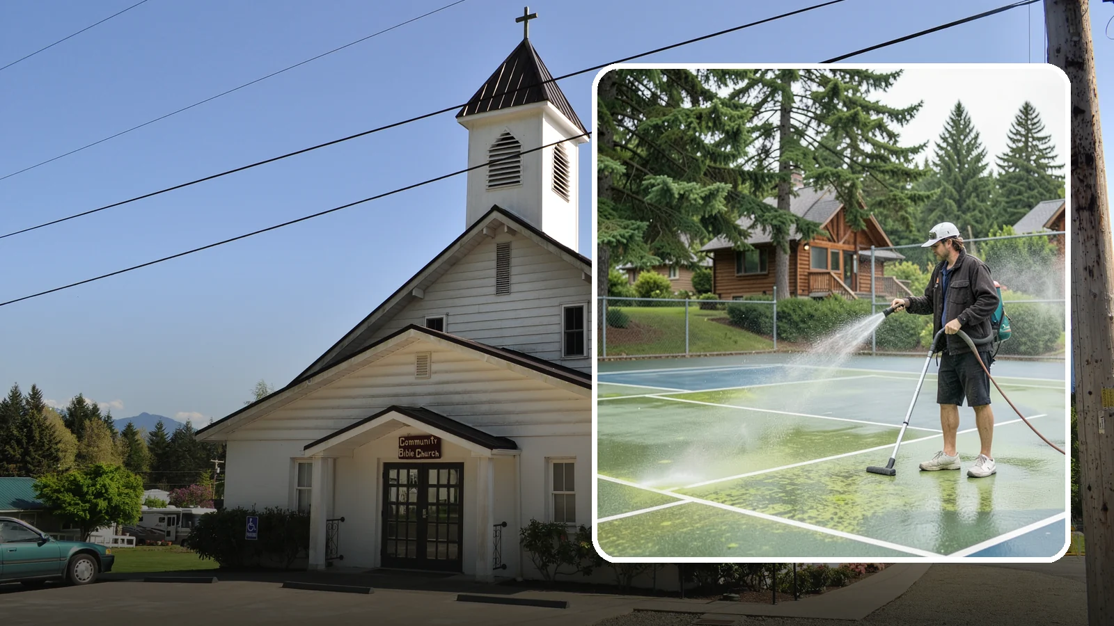 Tennis Court Cleaning in Concrete, Skagit County, WA - We clean tennis court surfaces to remove the algae film and organic staining that slow play and hide the lines in our damp...