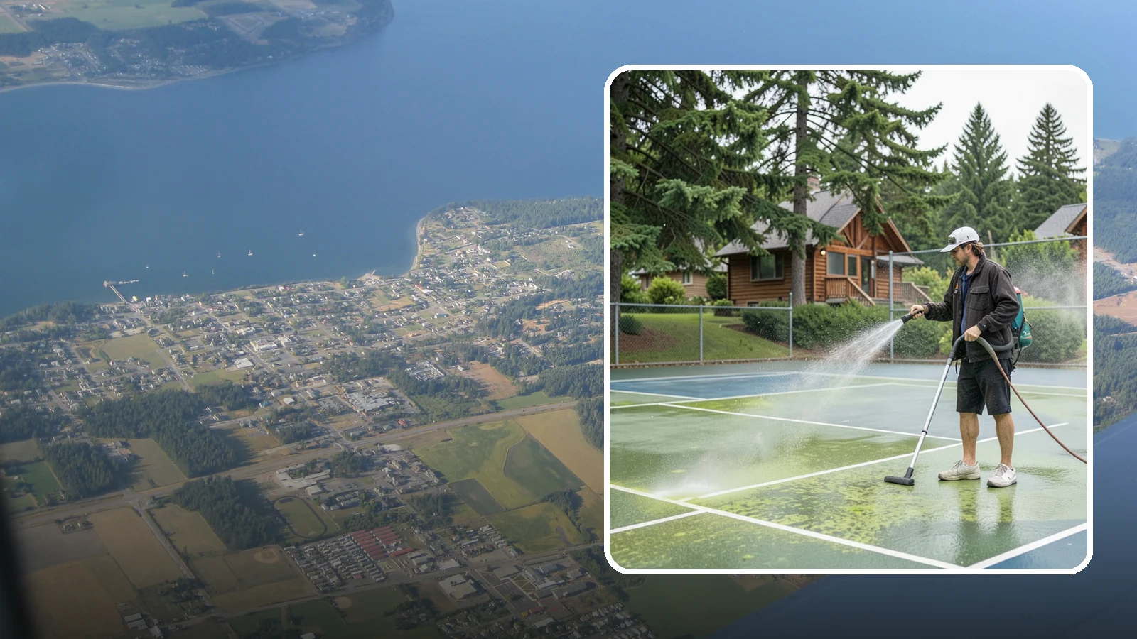 Tennis Court Cleaning in Coupeville, Island County, WA - We clean tennis court surfaces to remove the algae film and organic staining that slow play and hide the lines in our damp...