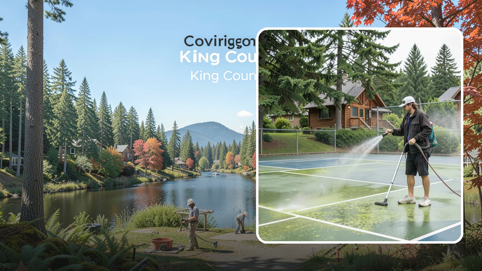 Tennis Court Cleaning in Covington, King County, WA - We clean tennis court surfaces to remove the algae film and organic staining that slow play and hide the lines in our damp...