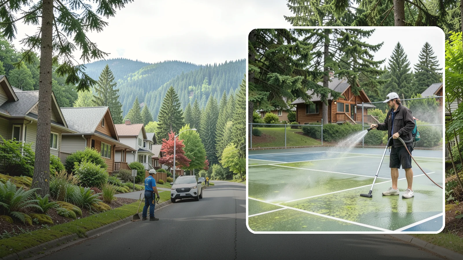 Tennis Court Cleaning in Darrington, Snohomish County, WA - We clean tennis court surfaces to remove the algae film and organic staining that slow play and hide the lines in our damp...