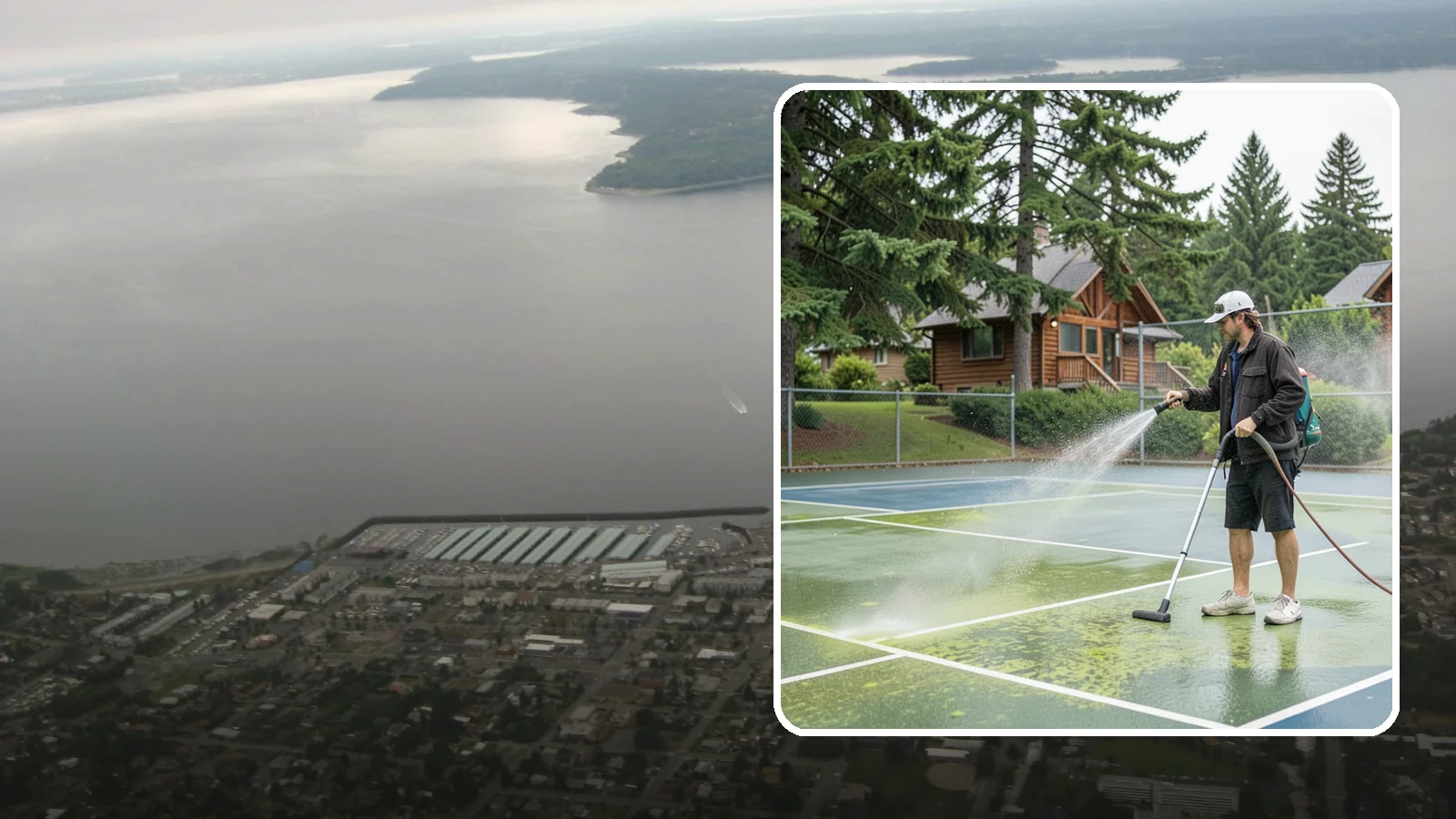 Tennis Court Cleaning in Des Moines, King County, WA - We clean tennis court surfaces to remove the algae film and organic staining that slow play and hide the lines in our damp...