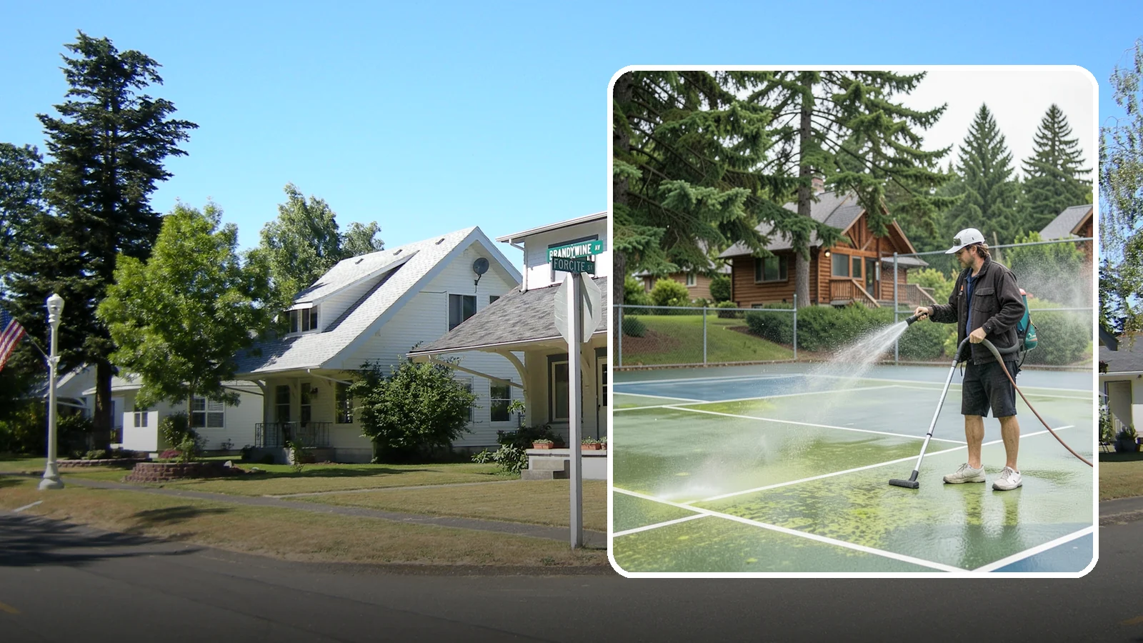 Tennis Court Cleaning in DuPont, Pierce County, WA - We clean tennis court surfaces to remove the algae film and organic staining that slow play and hide the lines in our damp...
