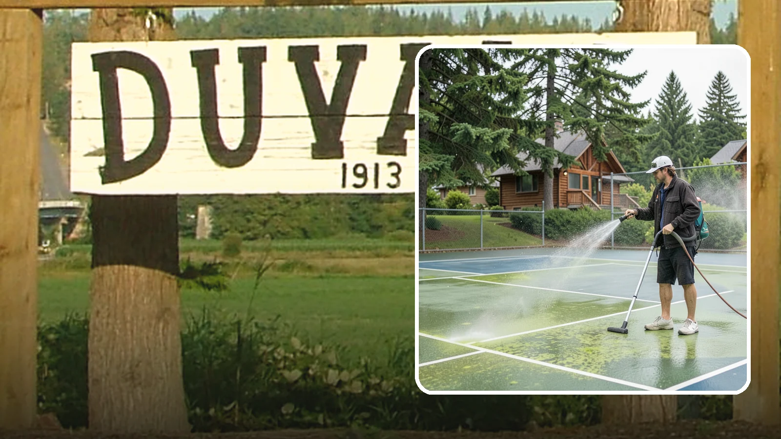 Tennis Court Cleaning in Duvall, King County, WA - We clean tennis court surfaces to remove the algae film and organic staining that slow play and hide the lines in our damp...