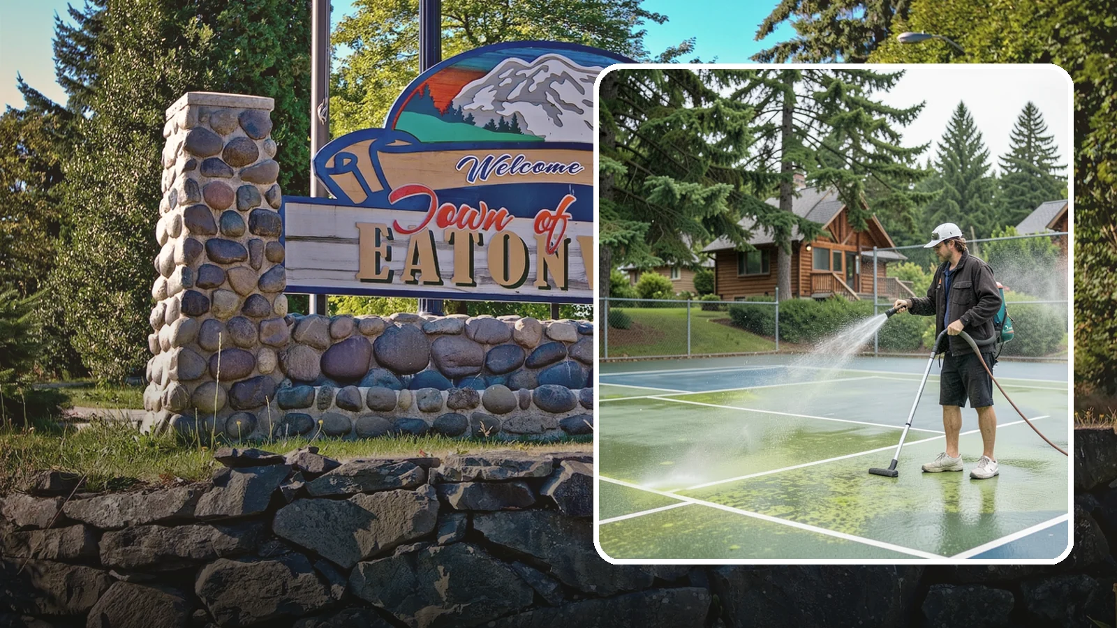 Tennis Court Cleaning in Eatonville, Pierce County, WA - We clean tennis court surfaces to remove the algae film and organic staining that slow play and hide the lines in our damp...