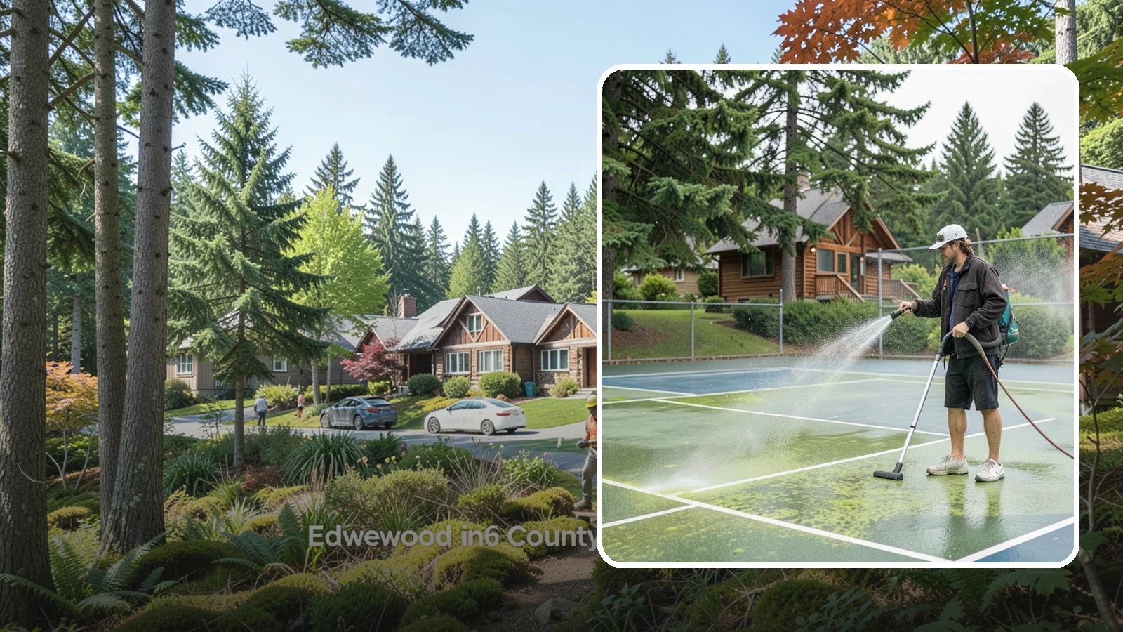 Tennis Court Cleaning in Edgewood, Pierce County, WA - We clean tennis court surfaces to remove the algae film and organic staining that slow play and hide the lines in our damp...
