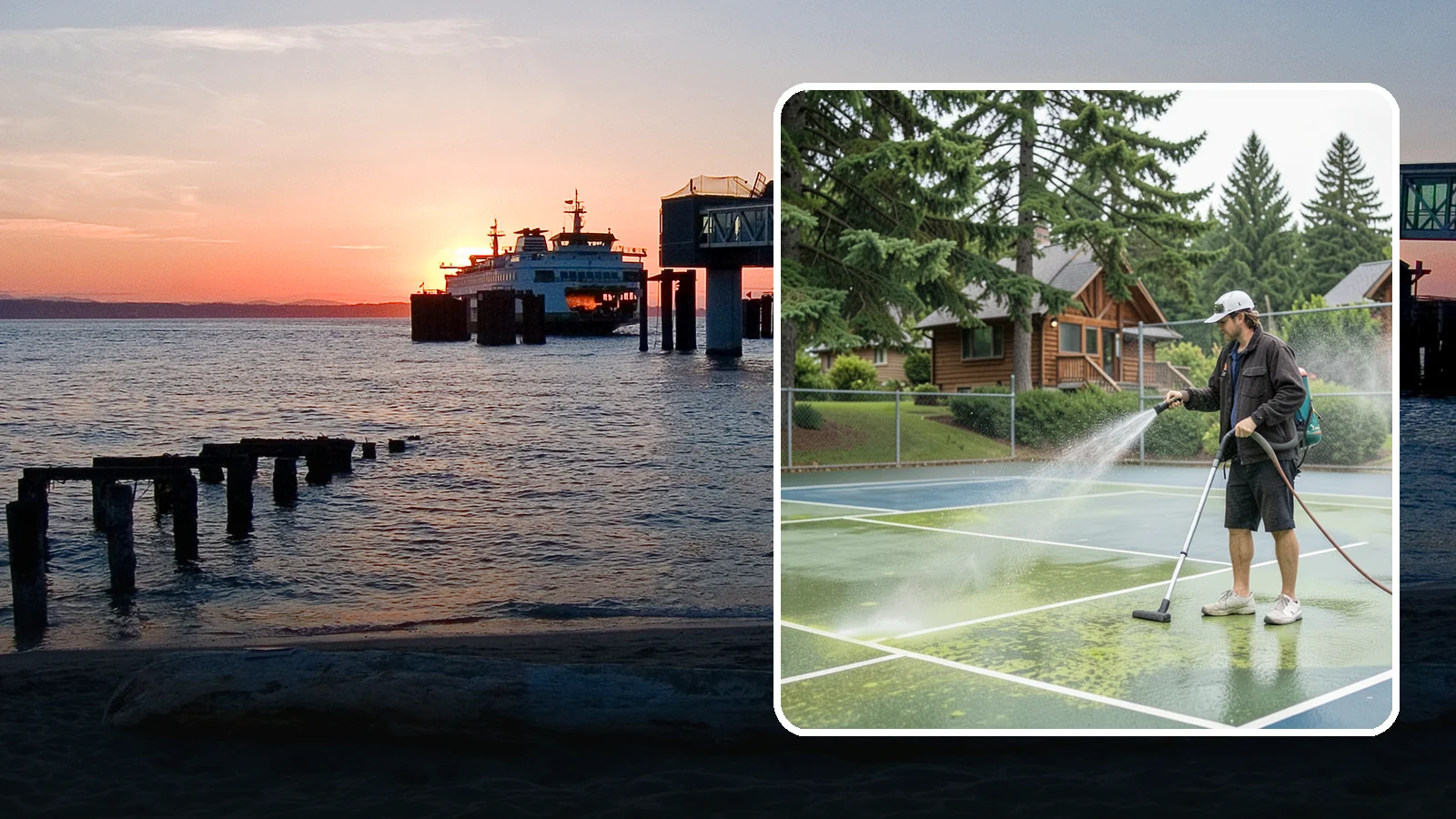 Tennis Court Cleaning in Edmonds, Snohomish County, WA - We clean tennis court surfaces to remove the algae film and organic staining that slow play and hide the lines in our damp...