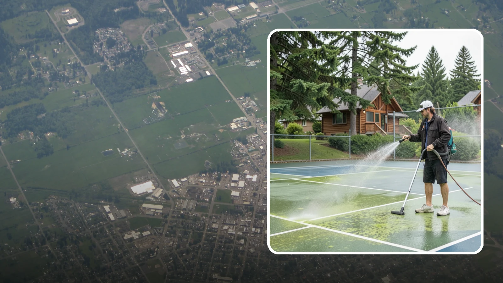 Tennis Court Cleaning in Enumclaw, King County, WA - We clean tennis court surfaces to remove the algae film and organic staining that slow play and hide the lines in our damp...