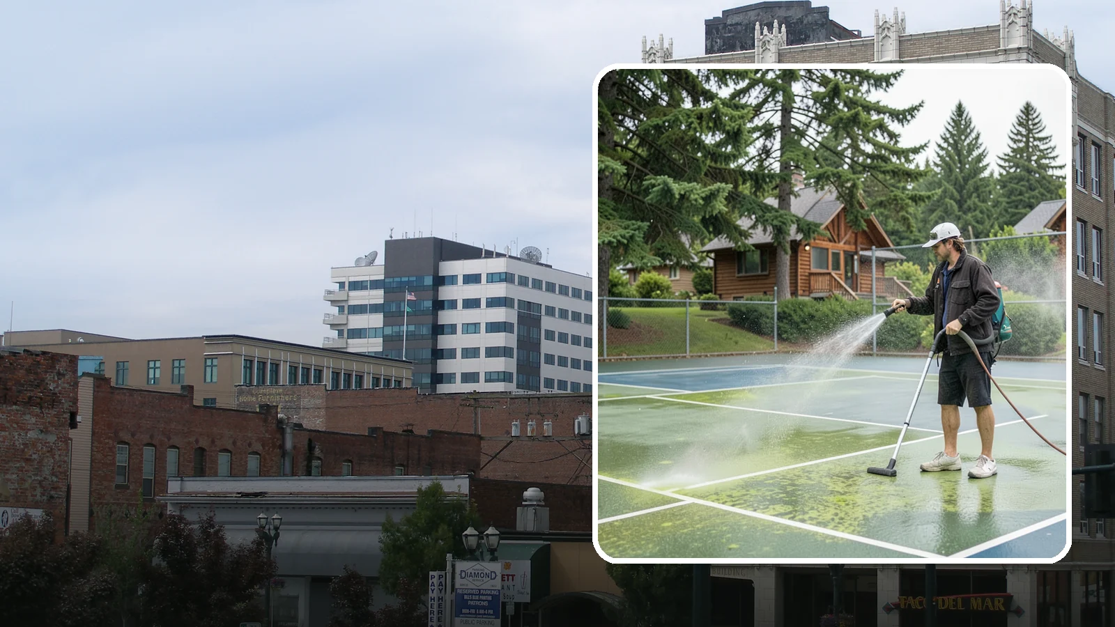 Tennis Court Cleaning in Everett, Snohomish County, WA - We clean tennis court surfaces to remove the algae film and organic staining that slow play and hide the lines in our damp...